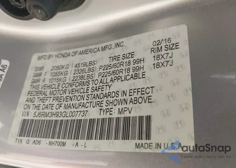 2016 Honda Cr-V Touring из США, поврежденный, VIN 5J6RM3H93GL007737